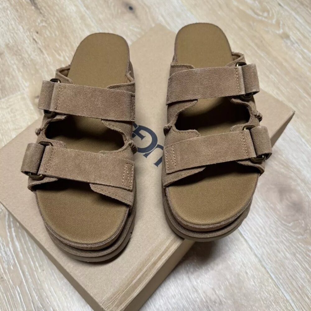 NIB UGG GOLDENSTAR HI SLIDE WATER RESISTANT SUEDE SANDALS SIZE US 8 CHESTNUT
